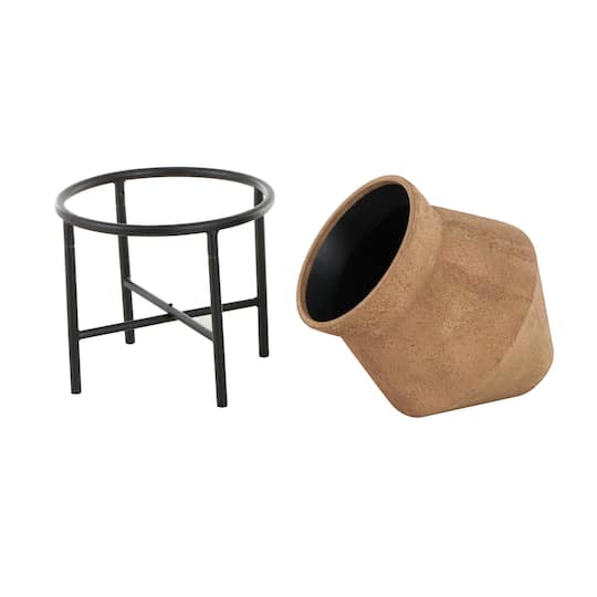 20" Brown Wide Metal Vase with Black Stand